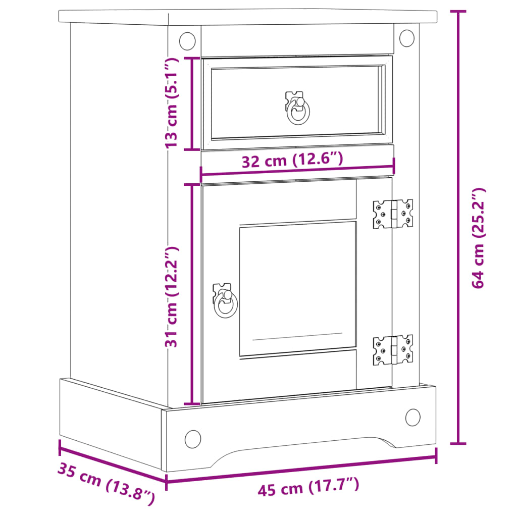 Bedside Cabinet Corona 45x35x64 cm Solid Wood Pine