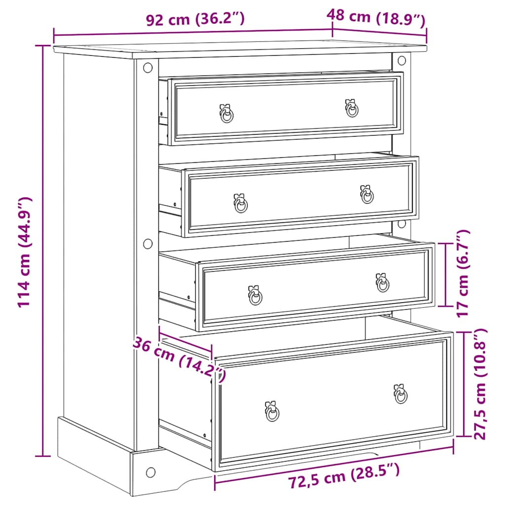 Chest of Drawers Corona 92x48x114 cm Solid Wood Pine