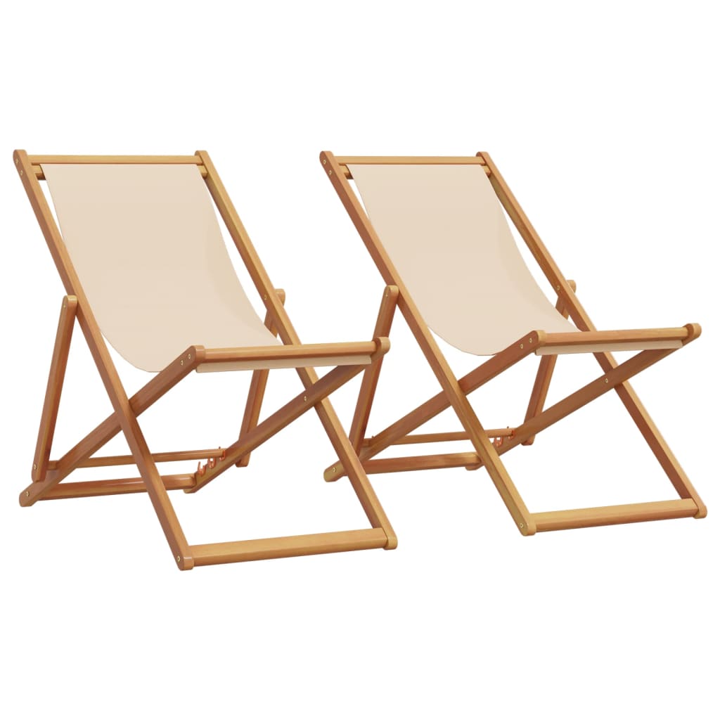 Folding Beach Chairs 2 pcs Beige Fabric and Solid Wood