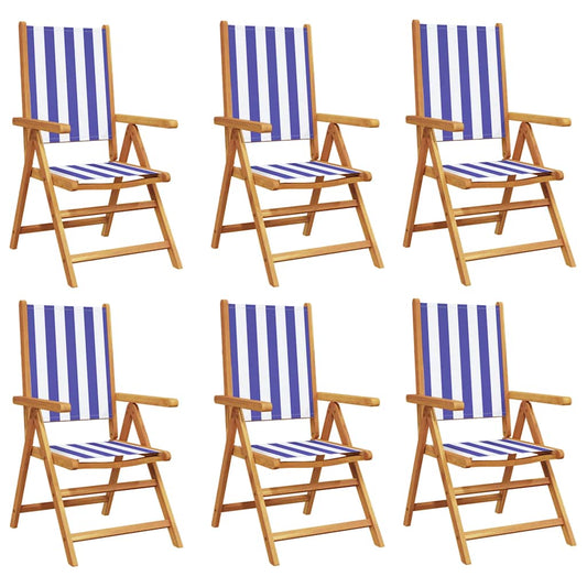 Reclining Folding Chairs 6 pcs Blue and White Fabric and Solid Wood