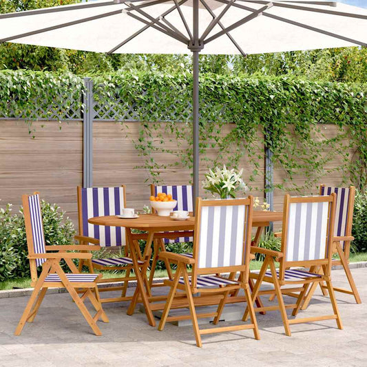 Reclining Folding Chairs 6 pcs Blue and White Fabric and Solid Wood