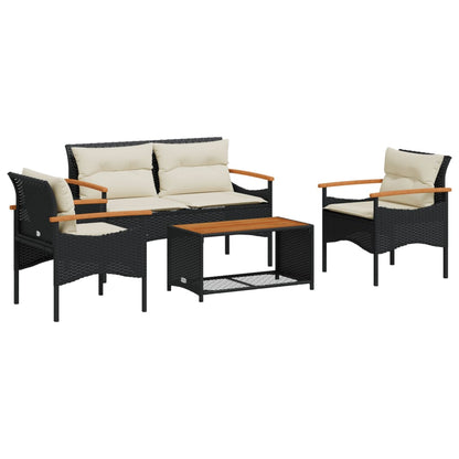 4 Piece Patio Sofa Set with Cushions Black Poly Rattan