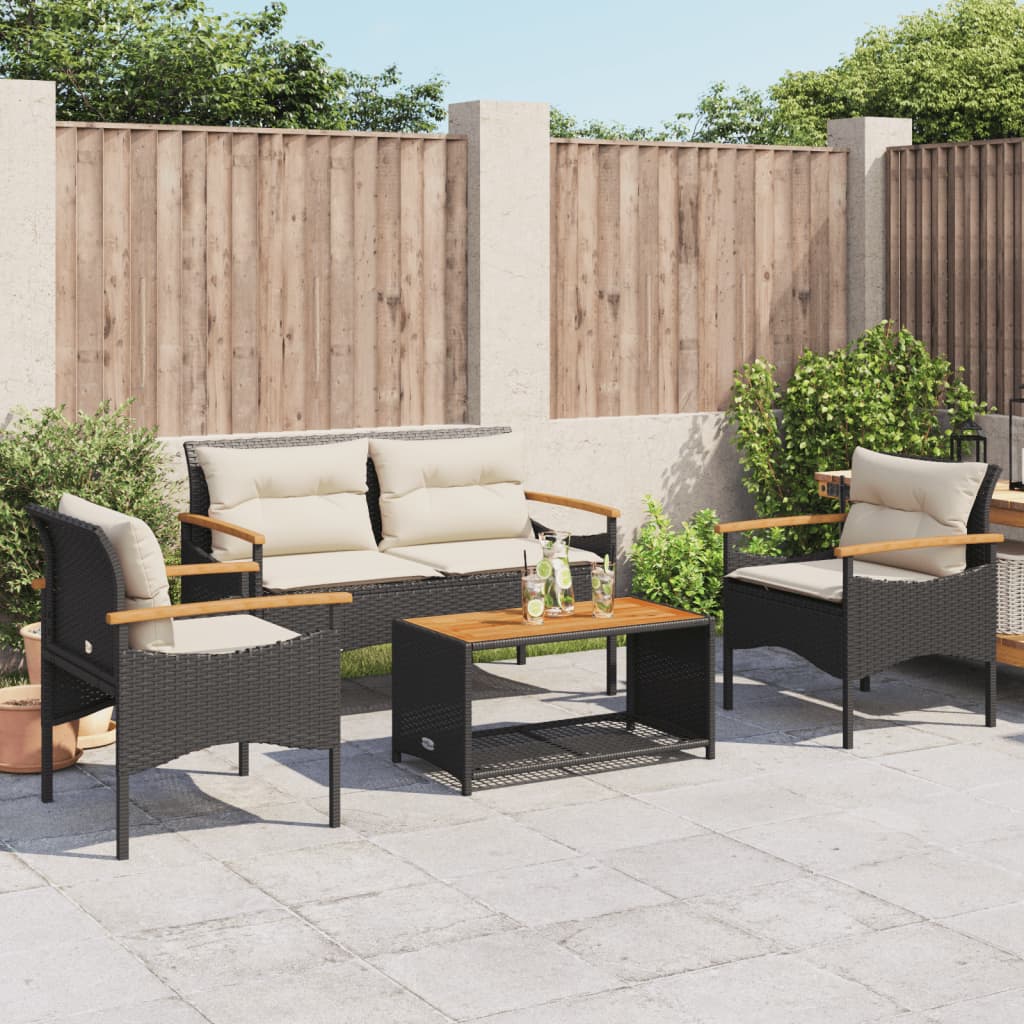 4 Piece Patio Sofa Set with Cushions Black Poly Rattan