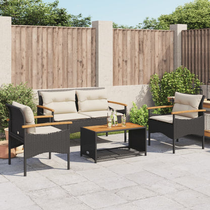 4 Piece Patio Sofa Set with Cushions Black Poly Rattan