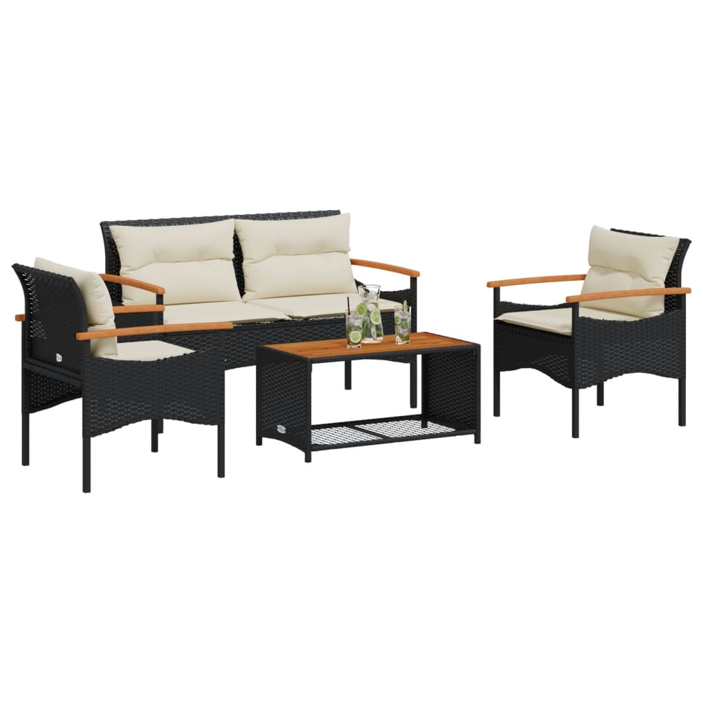 4 Piece Patio Sofa Set with Cushions Black Poly Rattan
