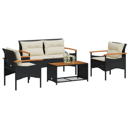 4 Piece Patio Sofa Set with Cushions Black Poly Rattan