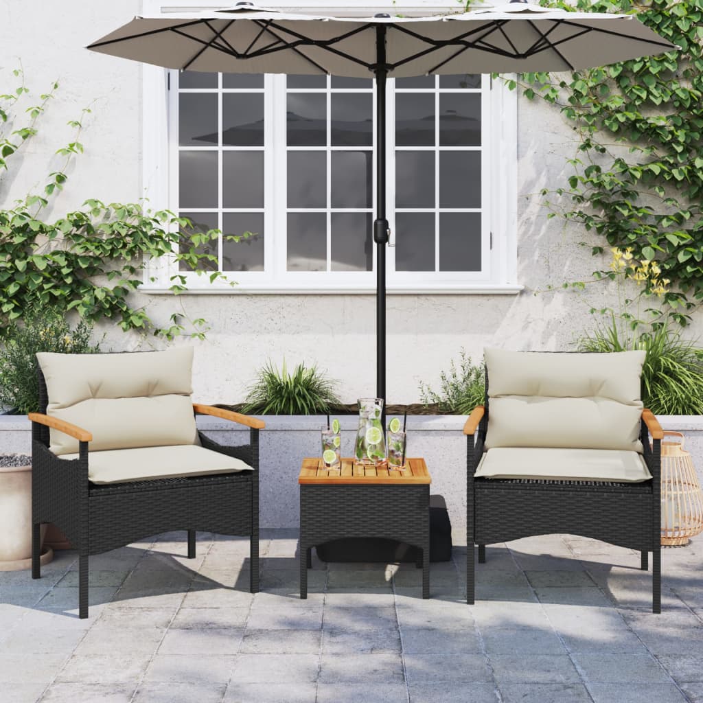 3 Piece Patio Sofa Set with Cushions Black Poly Rattan