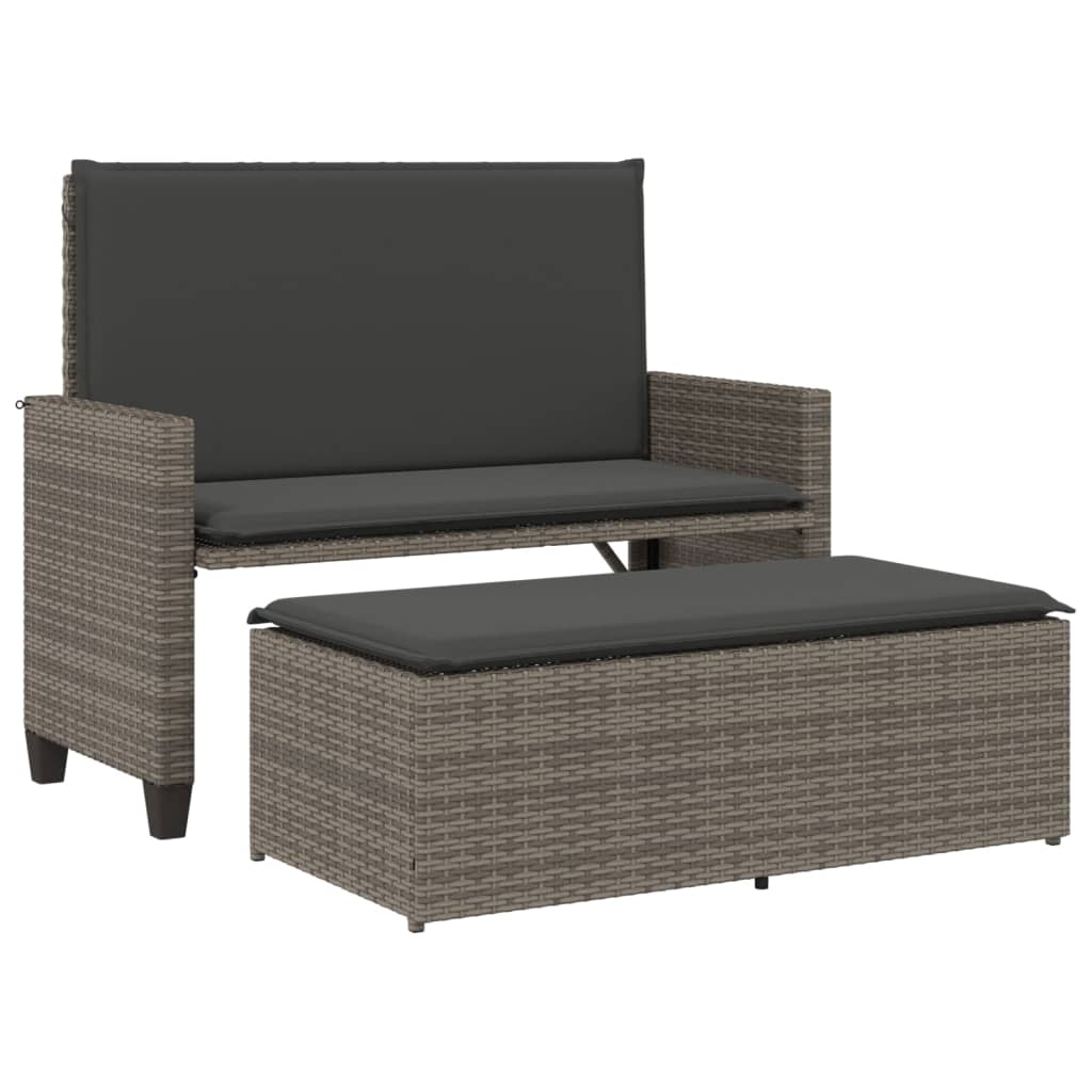 Patio Bench with Cushions and Footstool Gray Poly Rattan