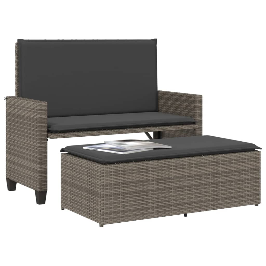 Patio Bench with Cushions and Footstool Gray Poly Rattan