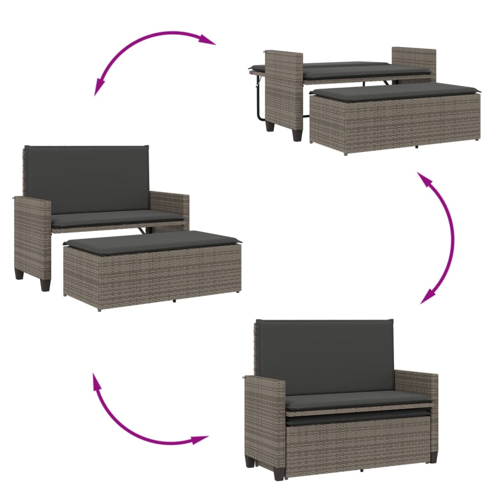 Patio Bench with Cushions and Footstool Gray Poly Rattan