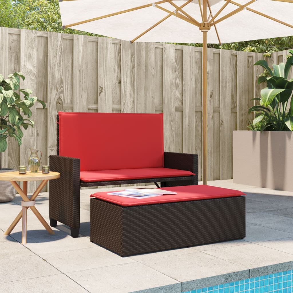 Patio Bench with Cushions and Footstool Brown Poly Rattan