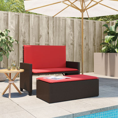 Patio Bench with Cushions and Footstool Brown Poly Rattan