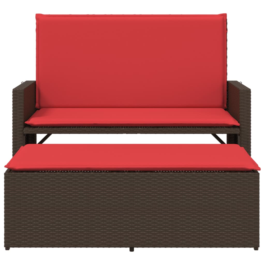 Patio Bench with Cushions and Footstool Brown Poly Rattan
