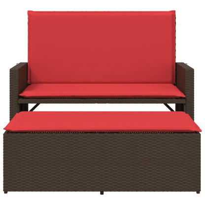 Patio Bench with Cushions and Footstool Brown Poly Rattan