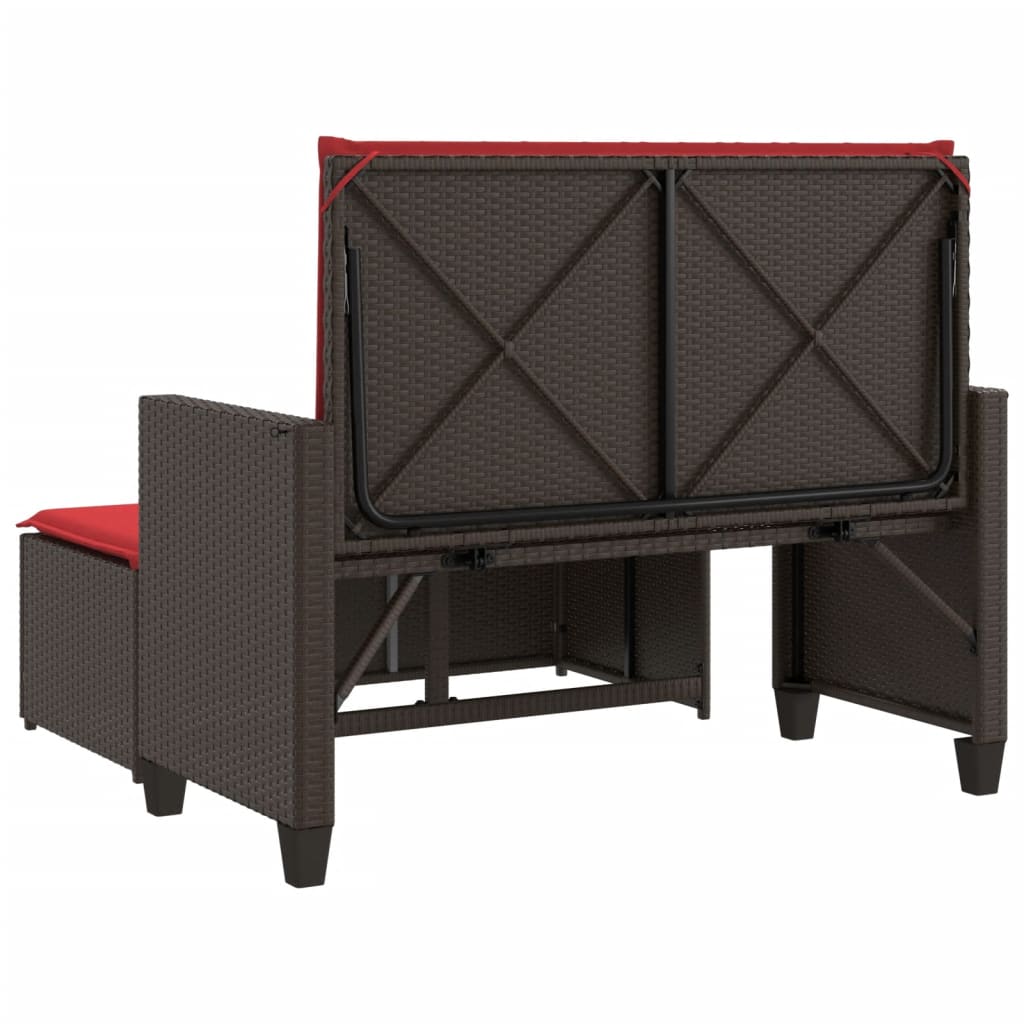 Patio Bench with Cushions and Footstool Brown Poly Rattan