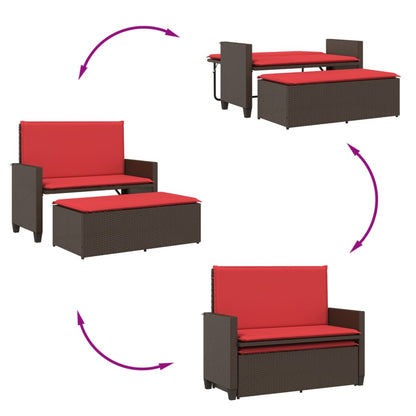 Patio Bench with Cushions and Footstool Brown Poly Rattan