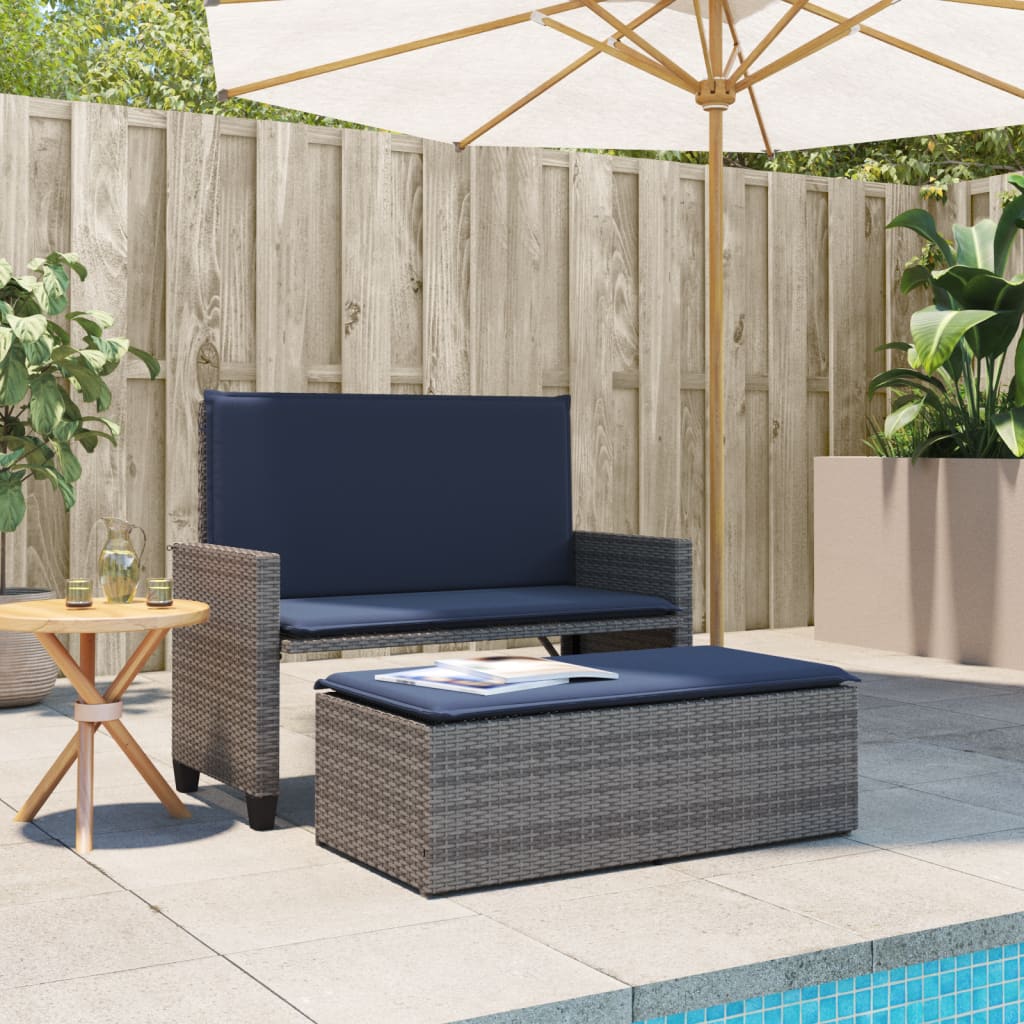 Patio Bench with Cushions and Footstool Gray Poly Rattan