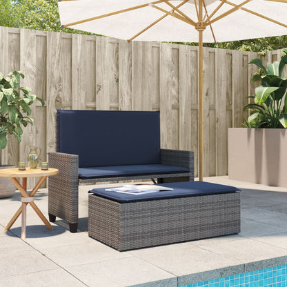 Patio Bench with Cushions and Footstool Gray Poly Rattan