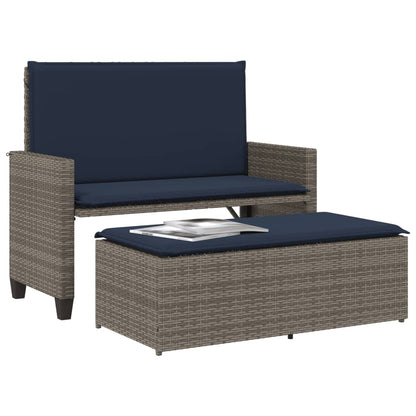 Patio Bench with Cushions and Footstool Gray Poly Rattan