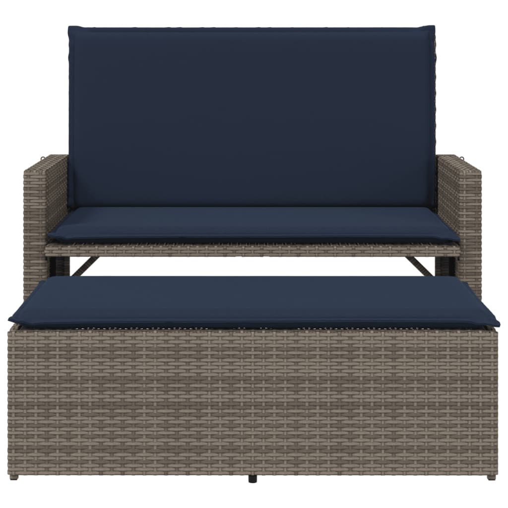 Patio Bench with Cushions and Footstool Gray Poly Rattan