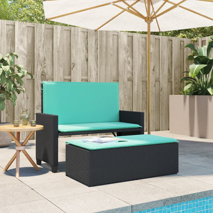 Patio Bench with Cushions and Footstool Black Poly Rattan