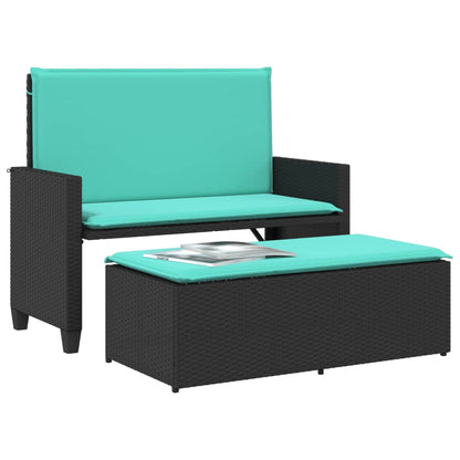 Patio Bench with Cushions and Footstool Black Poly Rattan