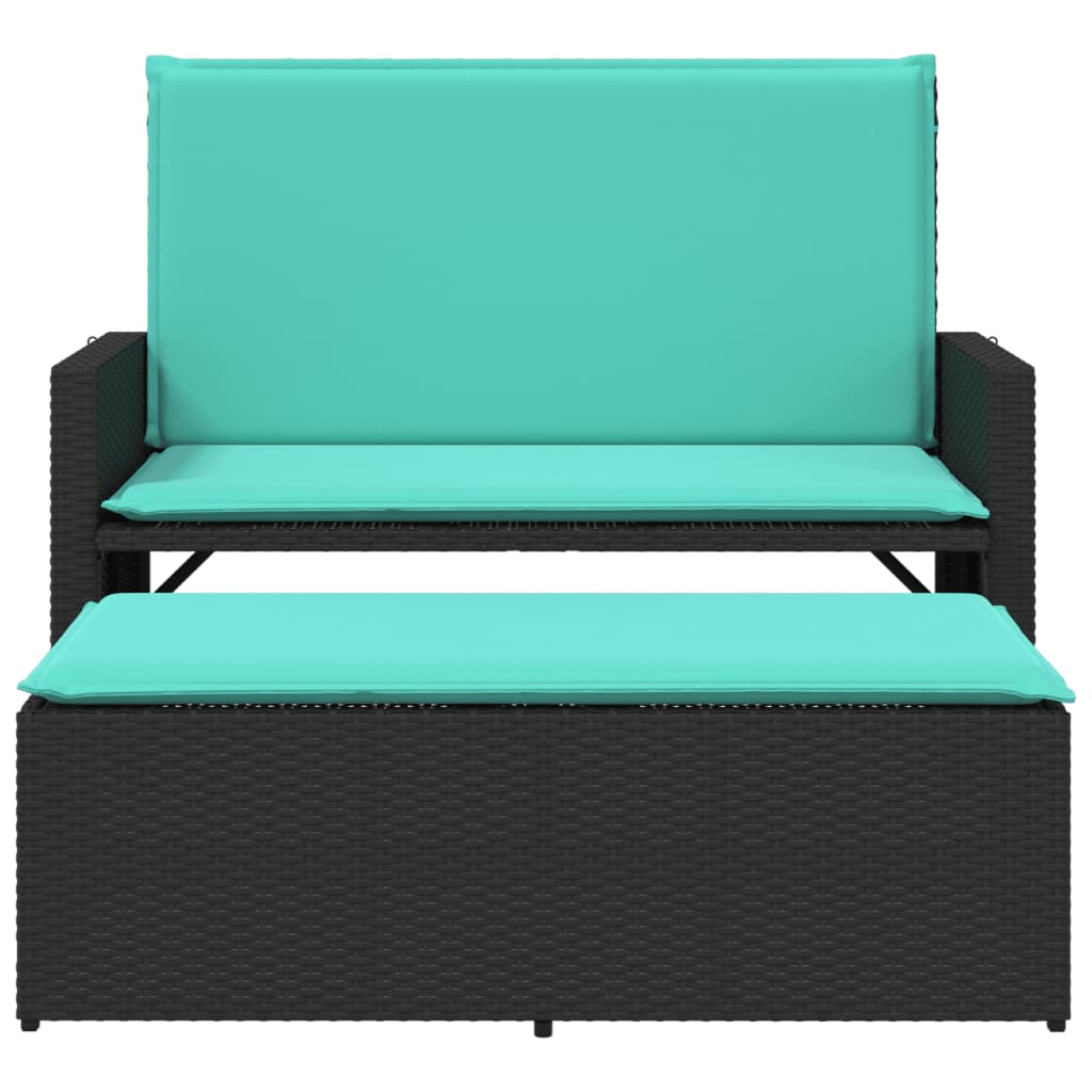 Patio Bench with Cushions and Footstool Black Poly Rattan