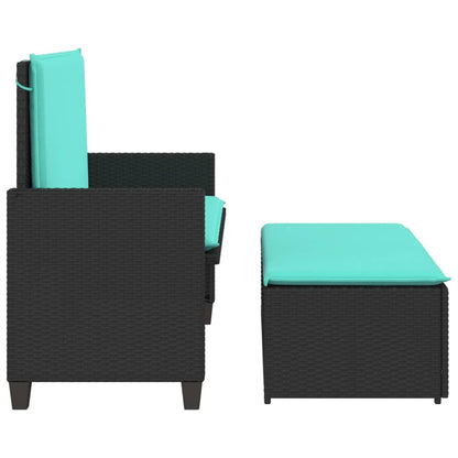 Patio Bench with Cushions and Footstool Black Poly Rattan