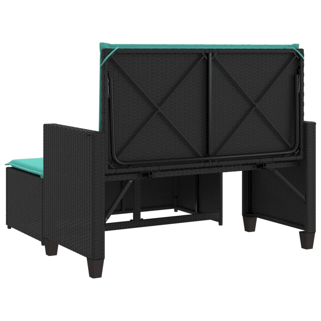 Patio Bench with Cushions and Footstool Black Poly Rattan