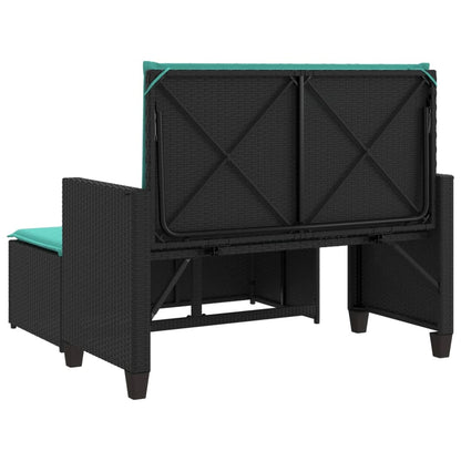 Patio Bench with Cushions and Footstool Black Poly Rattan
