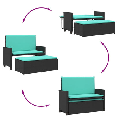 Patio Bench with Cushions and Footstool Black Poly Rattan