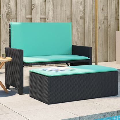 Patio Bench with Cushions and Footstool Black Poly Rattan