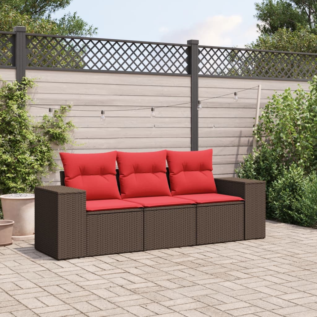 3 Piece Garden Sofa Set with Cushions Brown Poly Rattan