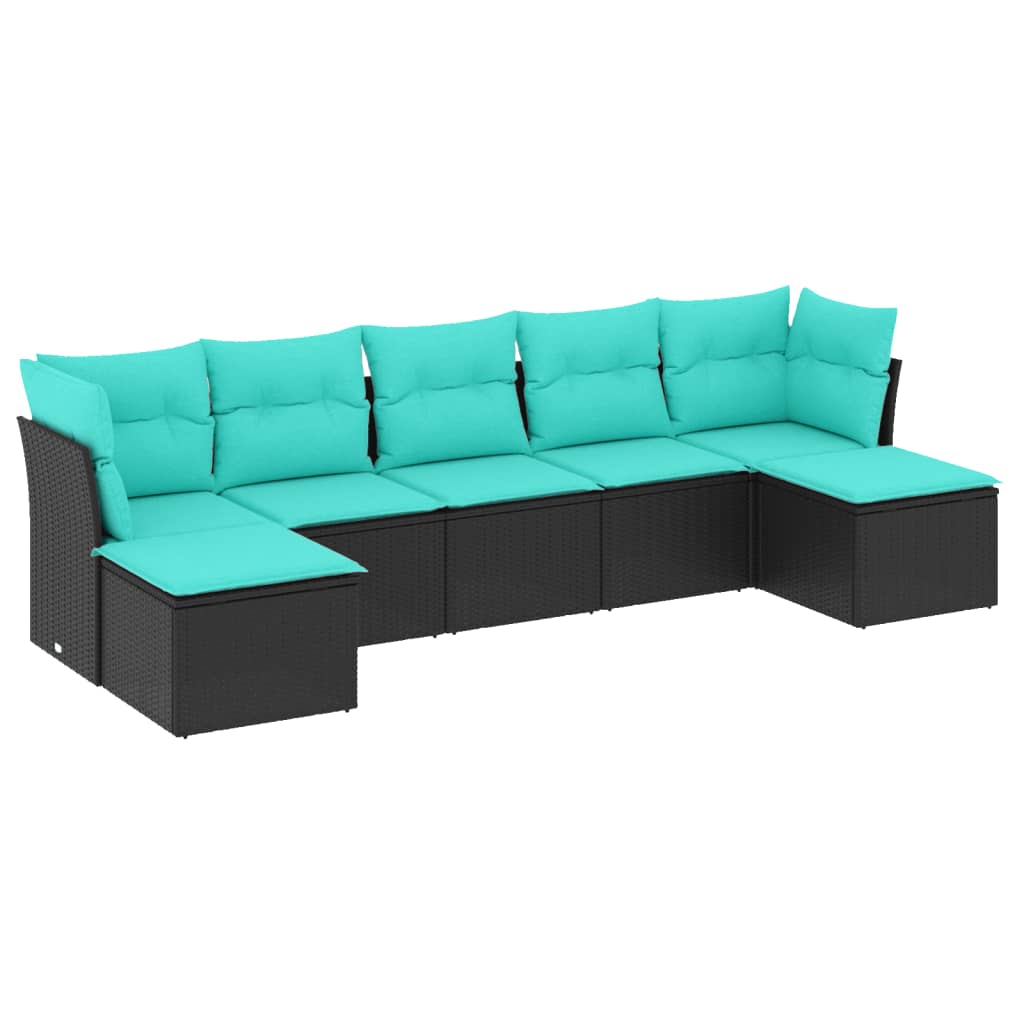 7 Piece Garden Sofa Set with Cushions Black Poly Rattan