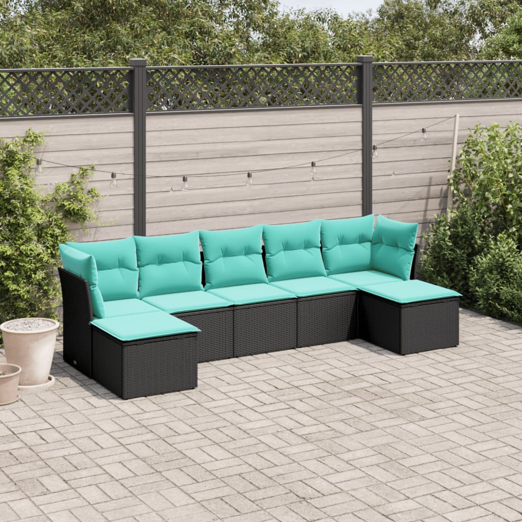 7 Piece Garden Sofa Set with Cushions Black Poly Rattan