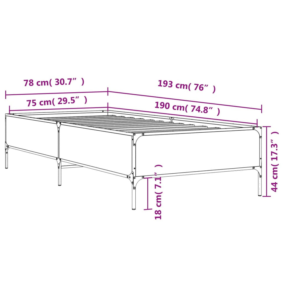 Bed Frame Sonoma Oak 75x190 cm Small Single Engineered Wood and Metal
