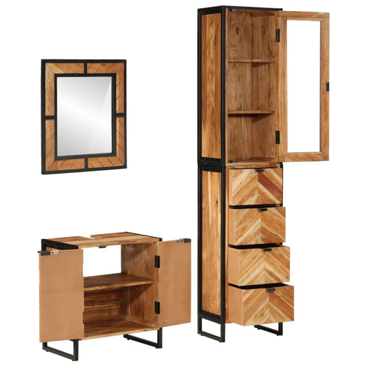 3 Piece Bathroom Furniture Set Iron and Solid Wood Acacia