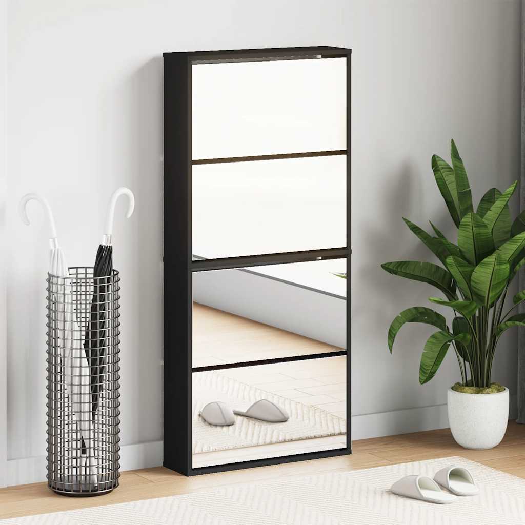 Shoe Cabinet with Mirror 4-Layer Black 63x17x134 cm