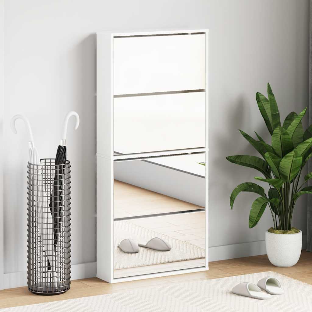 Shoe Cabinet with Mirror 4-Layer High Gloss White 63x17x134 cm