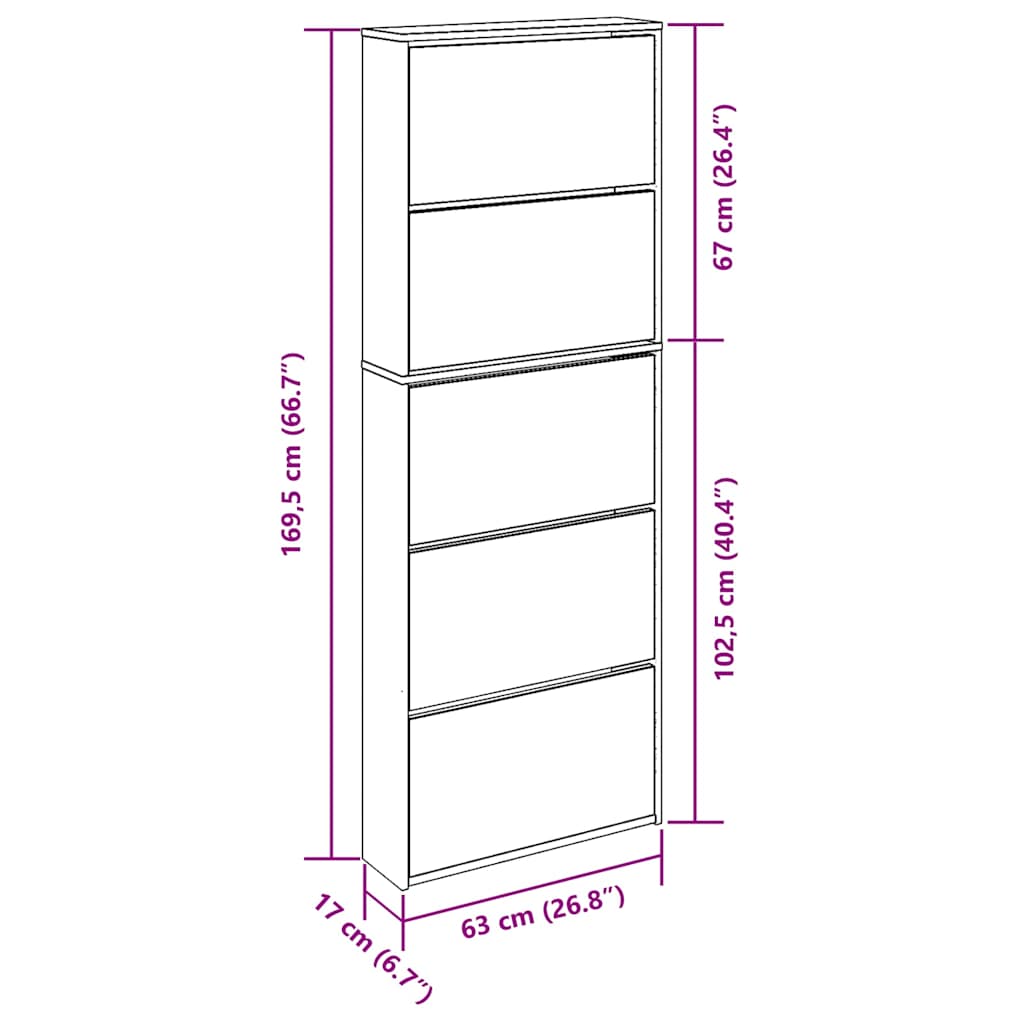 Shoe Cabinet with Mirror 5-Layer Black 63x17x169.5 cm