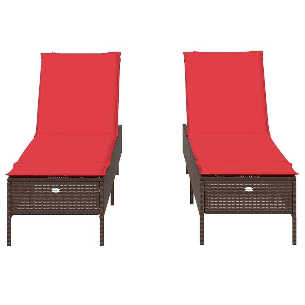 Sun Loungers with Cushions 2 pcs Brown Poly Rattan