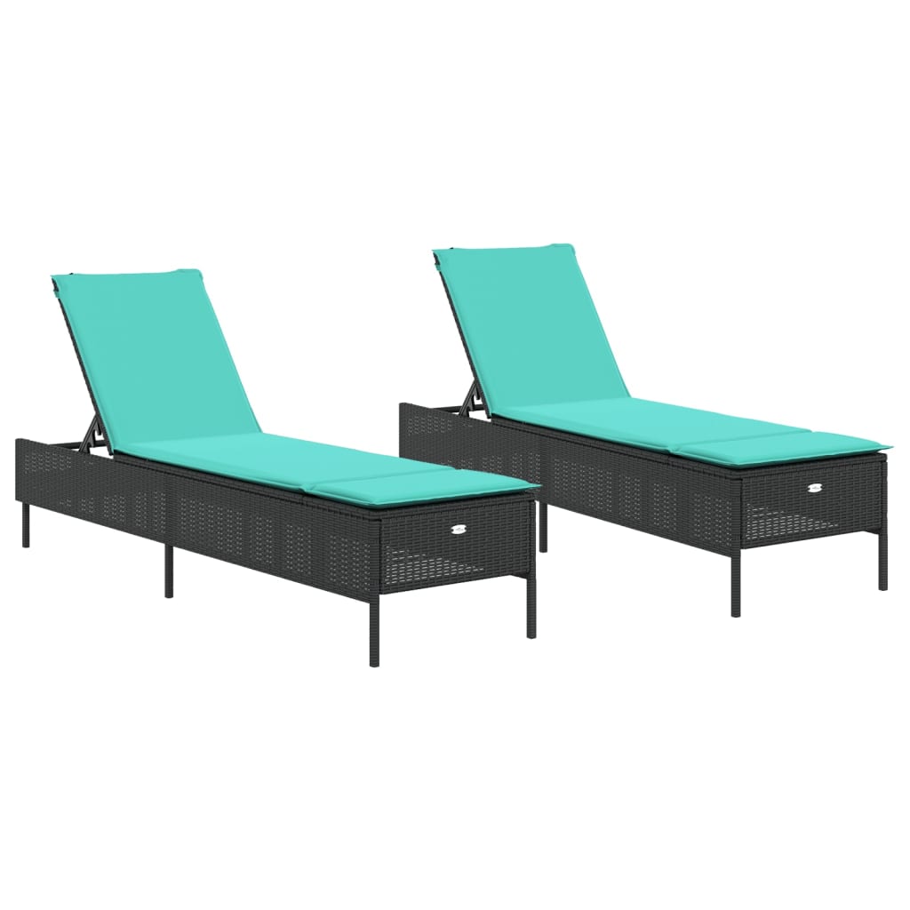 Sun Loungers with Cushions 2 pcs Black Poly Rattan