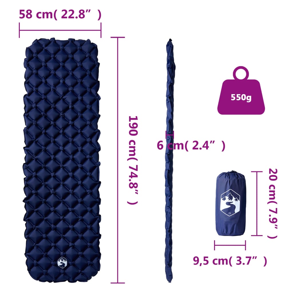 Inflating Camping Mattress 1-Person Navy Blue 190x58x6 cm