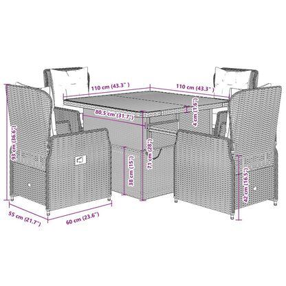 5 Piece Garden Dining Set with Cushions Grey Poly Rattan