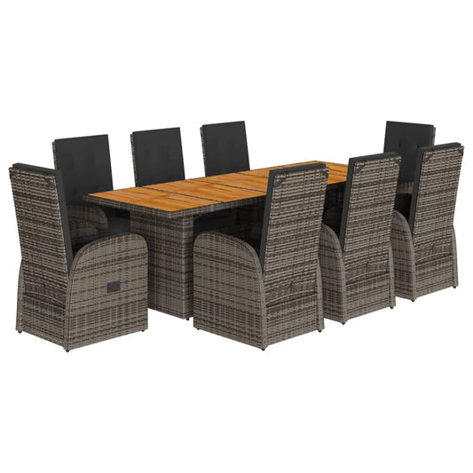 9 Piece Garden Dining Set with Cushions Grey Poly Rattan