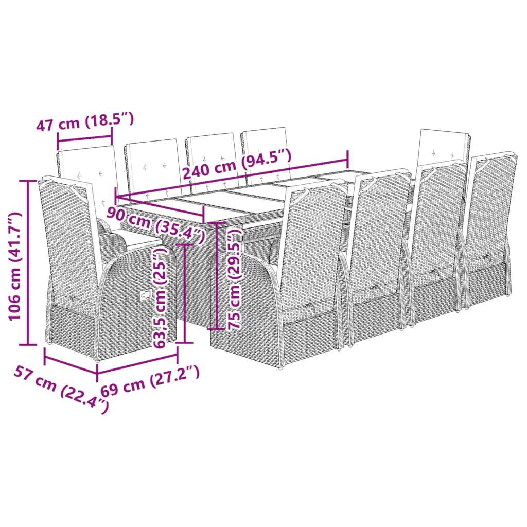 11 Piece Garden Dining Set with Cushions Grey Poly Rattan