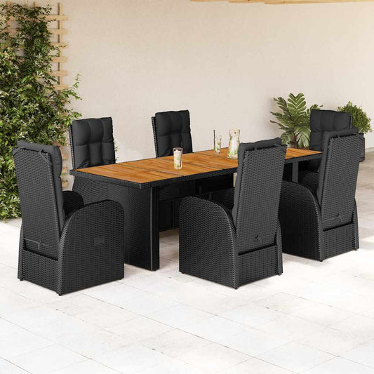 7 Piece Garden Dining Set with Cushions Black Poly Rattan
