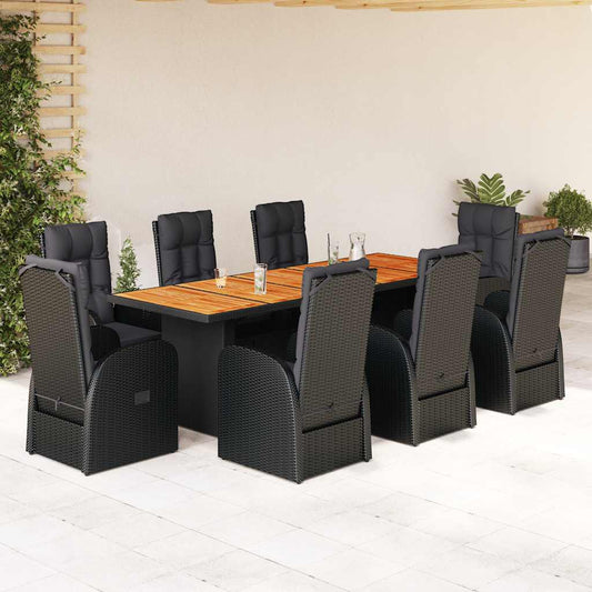 9 Piece Garden Dining Set with Cushions Black Poly Rattan