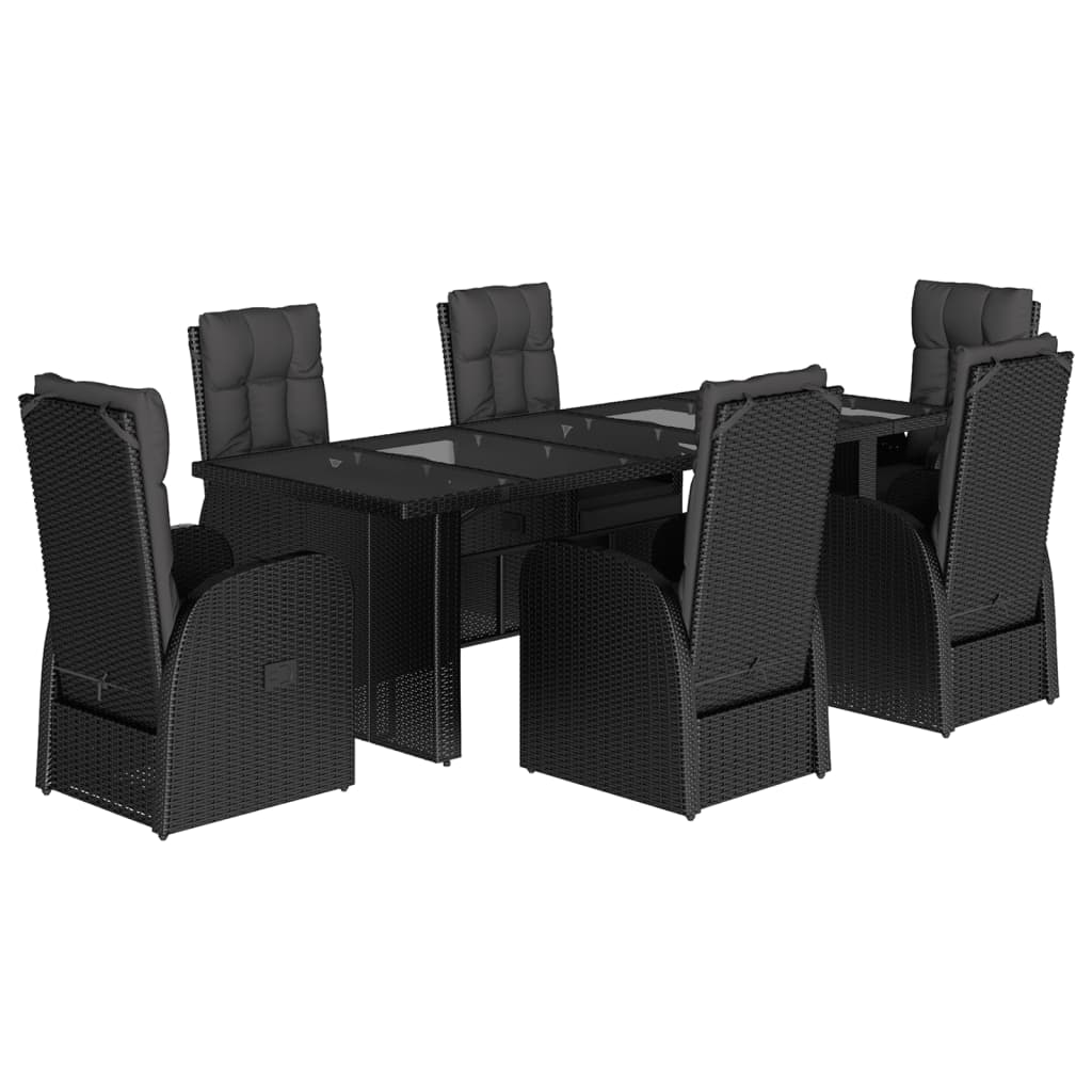 7 Piece Garden Dining Set with Cushions Black Poly Rattan