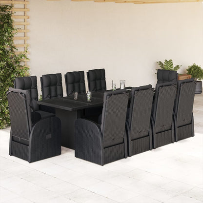 11 Piece Garden Dining Set with Cushions Black Poly Rattan